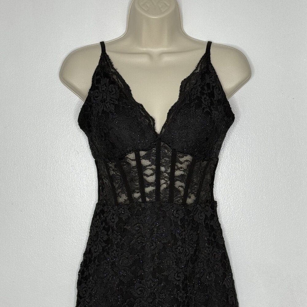 Morgan & Co Junior Lace Corset Black Prom Gown Dress Sz 3 Whimsigoth V Neck Slit - Picture 5 of 13